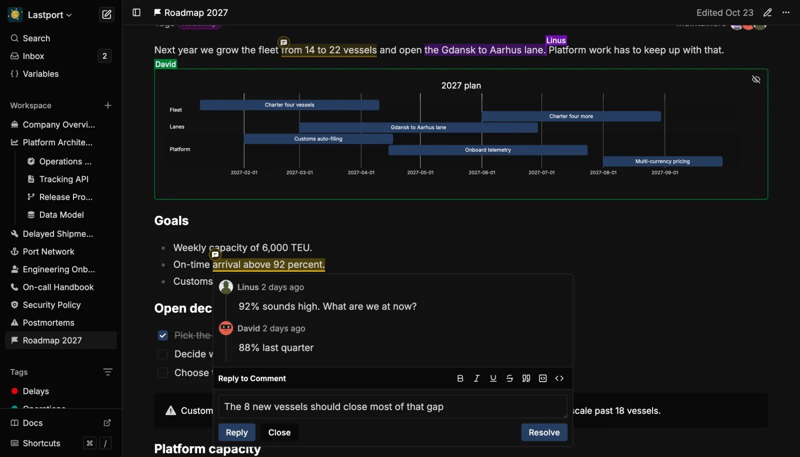 Two people editing a page at once, with a comment thread open