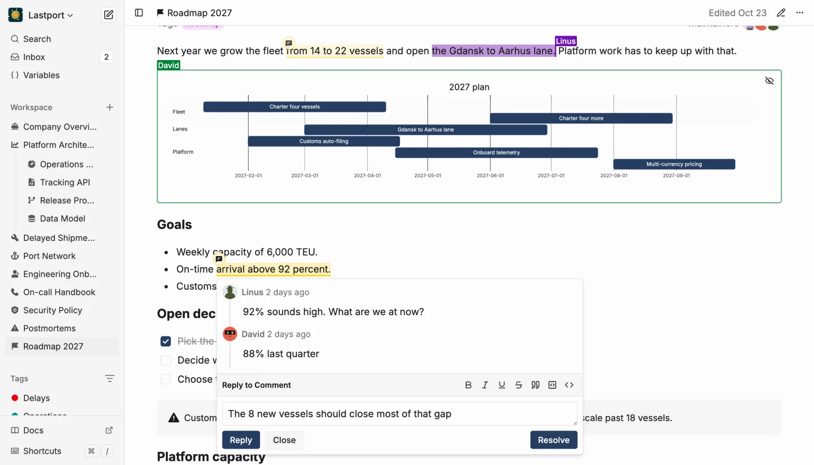 Two people editing a page at once, with a comment thread open