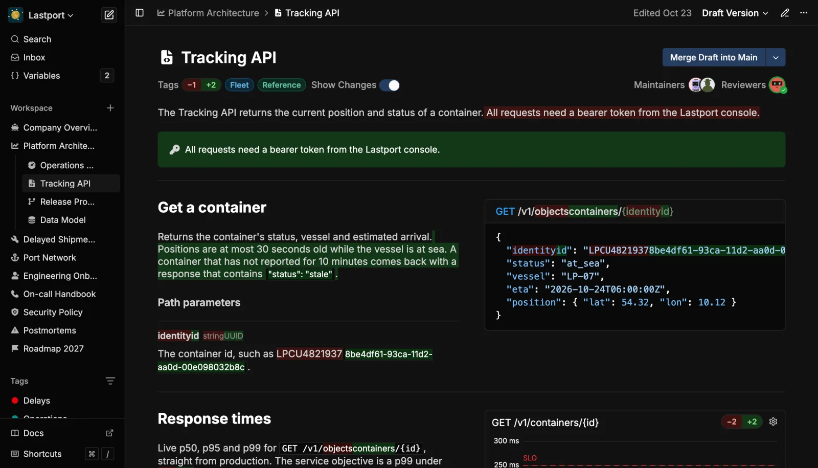 A draft diff with removed text in red and added text in green