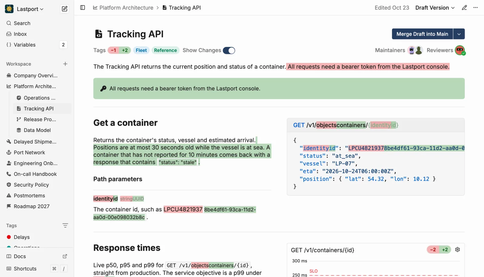A draft diff with removed text in red and added text in green