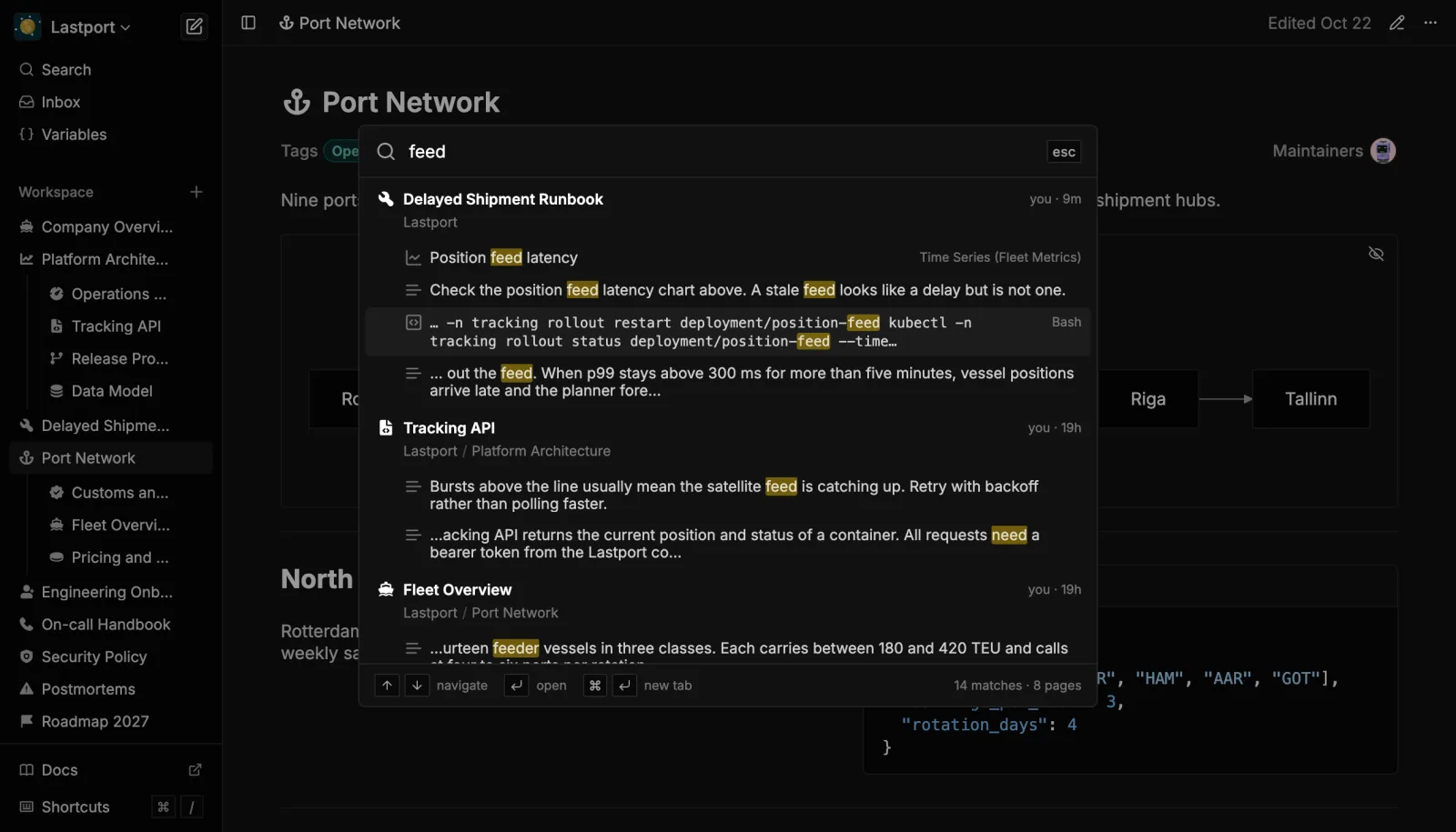 Search results grouped by page, with matches in text, code and a chart