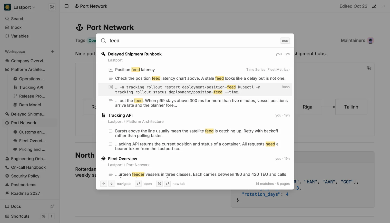 Search results grouped by page, with matches in text, code and a chart