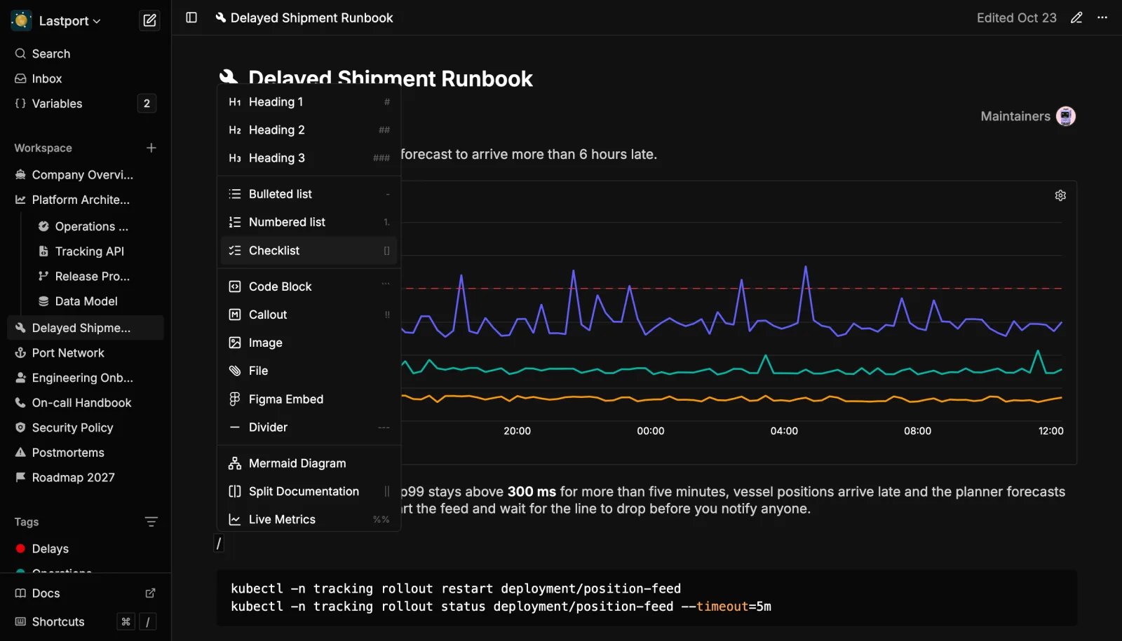 The block menu listing headings, lists, code, diagrams, API docs and live metrics