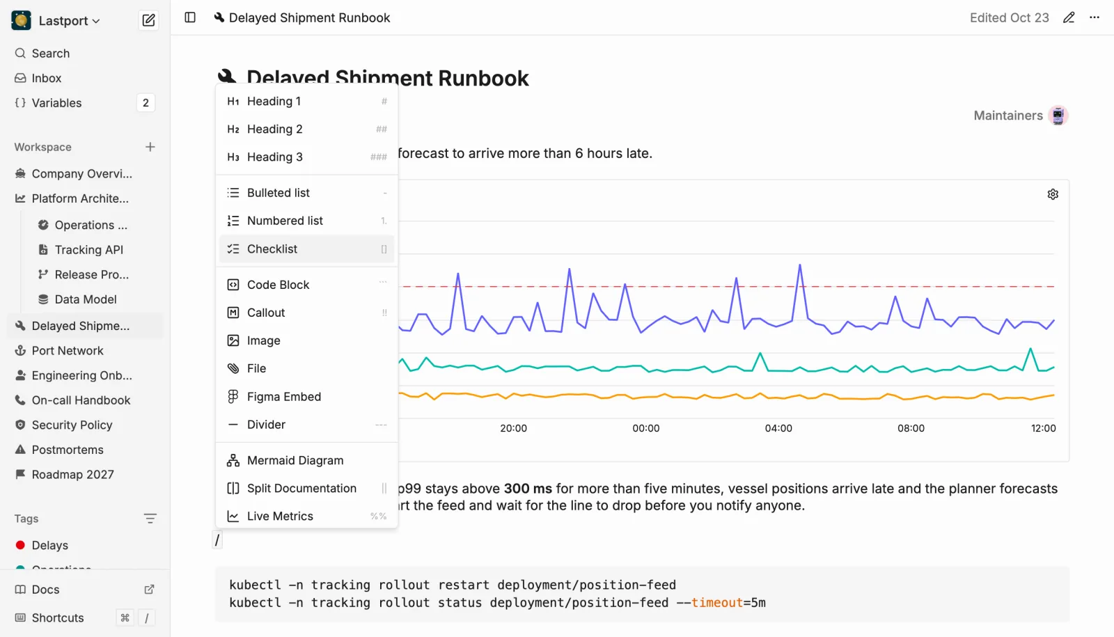 The block menu listing headings, lists, code, diagrams, API docs and live metrics